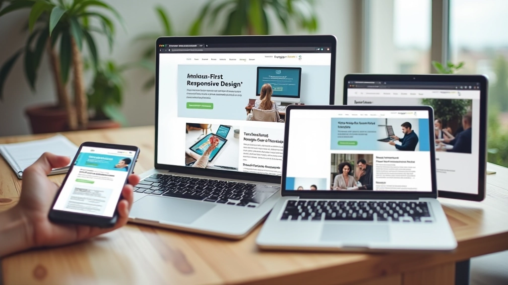 Diversos dispositivos eletrónicos com tamanhos variados mostrando a mesma página web adaptada, vista lateral de telemóvel, tablet e monitor em cima de uma secretária de trabalho moderna