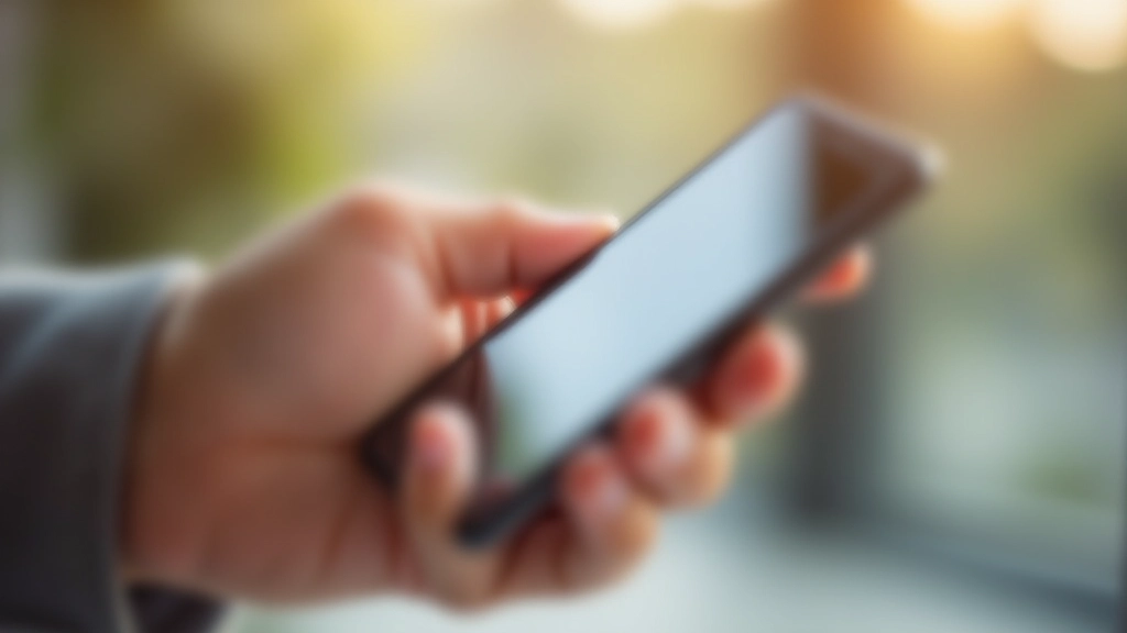 Mão a tocar num ecrã tátil de smartphone moderno, interface de navegação intuitiva visível, luz solar natural