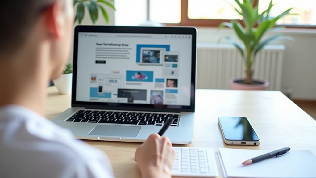 Ecrã de computador portátil exibindo website responsivo com diferentes resolução de ecrã, ambiente de trabalho de designer com caneta digital