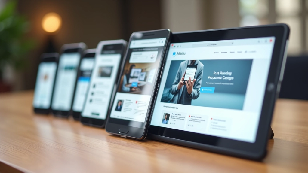 Diferentes dispositivos móveis e tablets em fila mostrando o mesmo website com layout responsivo e adaptado a cada tamanho de ecrã